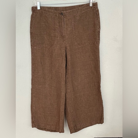 J Jill Love Linen Wide Leg Cropped Brown Linen Pants Size M Lagenlook Beachy - Picture 1 of 10